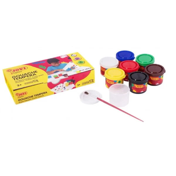 Set de Pintura JOVI Temperas Infantiles - 7 Botes de 35 ml en Colores Surtidos con Pincel y Bote para Mezclas. Gran poder cubriente, fácil aplicación y secado rápido. A base de ingredientes naturales, sin gluten y libre de los principales alérgenos.