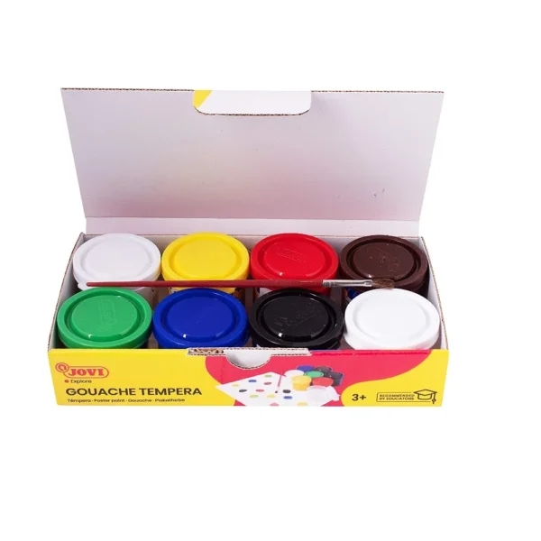 Set de Pintura JOVI Temperas Infantiles - 7 Botes de 35 ml en Colores Surtidos con Pincel y Bote para Mezclas. Gran poder cubriente, fácil aplicación y secado rápido. A base de ingredientes naturales, sin gluten y libre de los principales alérgenos.