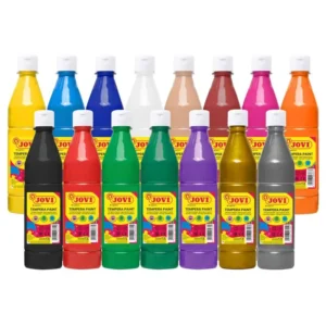 Tempera liquida JOVI botella de 500ml - a base agua - lista para usar - de secado rápido - excelente fluidez - adherencia en múltiples superficies - colores disponibles: amarillo, azul cyan, negro, blanco, carne, rojo, verde y naranja