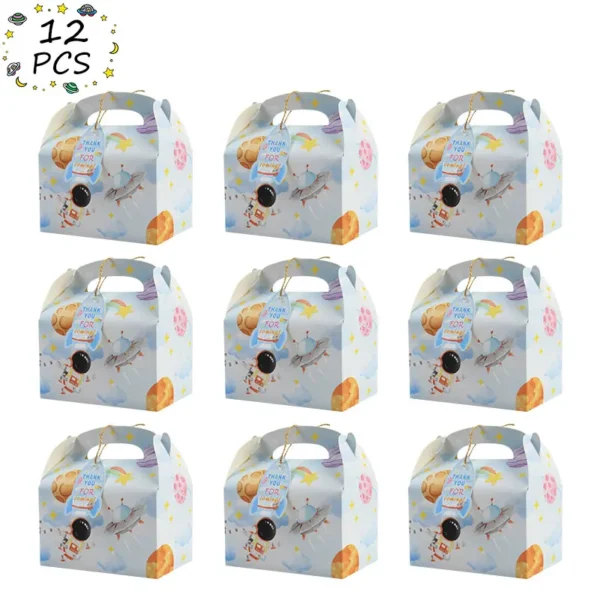 12 Cajas de regalo de cartón para regalo o recuerdo con la temática de astronauta con etiquetas de agradecimiento sin personalizar