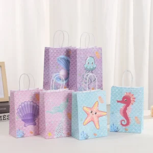 Bolsas de papel de regalo de papel con tematica de océano, de concha de sirena para decoraciones de cumpleaños, para detalles, galletas y dulces 6 uds.