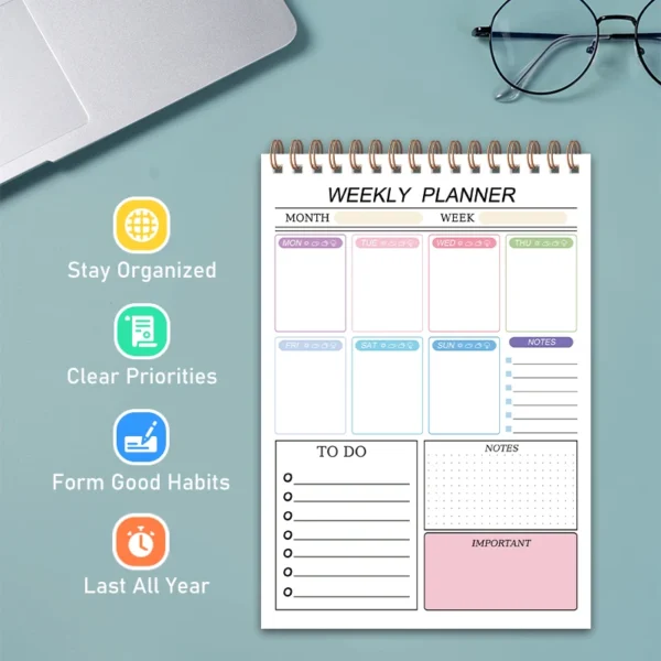 Planificador semanal simple, cuaderno para tu lista de tareas con 52 hojas de en blanco, papel de 8x5,6' de espesor, 120 g sin fecha para que configures en modod flexible