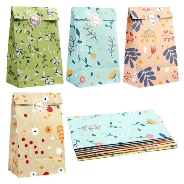 Bolsas de papel de regalo con patrón de plantas para dulces 12/24 Uds., para galletas, panadería, bolsas de embalaje de papel Kraft con pegatinas