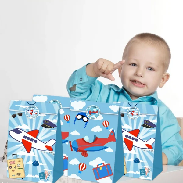 Bolsas de regalo de avión , bolsa de papel Kraft con pegatinas, tematica de aventura de aviador, 12 Uds.