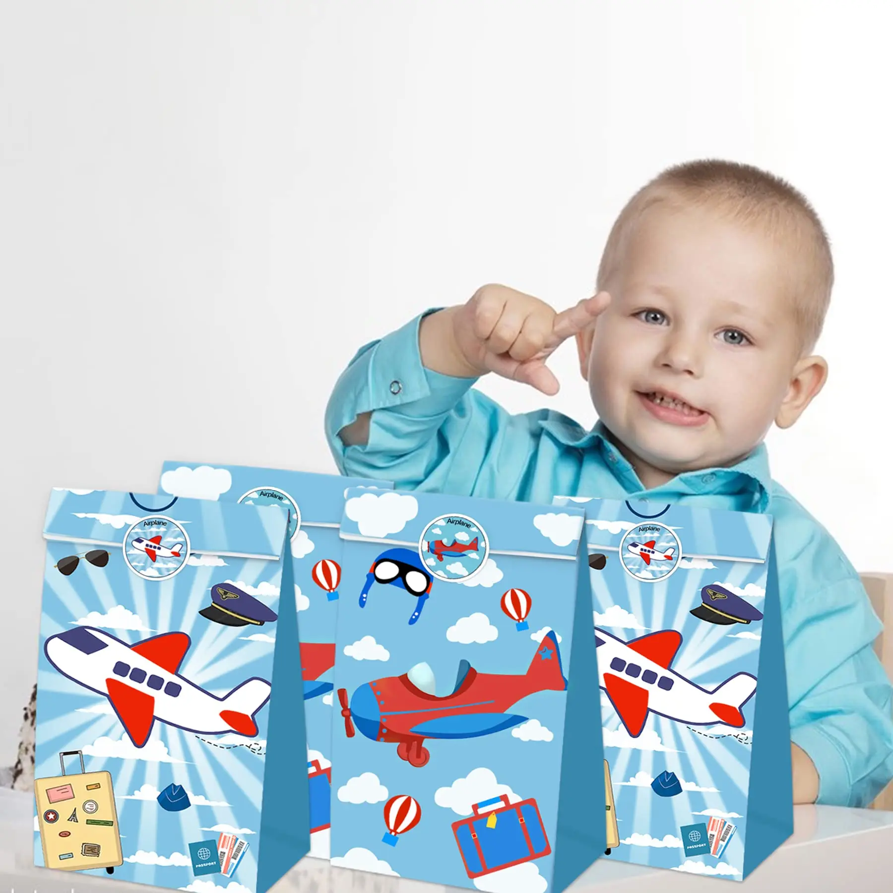 Bolsas de regalo de avión , bolsa de papel Kraft con pegatinas, tematica de aventura de aviador, 12 Uds. - Imagen 5