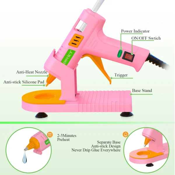 Kit de pistola de pegamento caliente color rosa con soporte de ventosa, alfombrilla de silicona antiadherente, punta fina + 30 barras de pegamento, Mini pistola de pegamento para bricolaje, proyectos de artesania, manualidades DIY