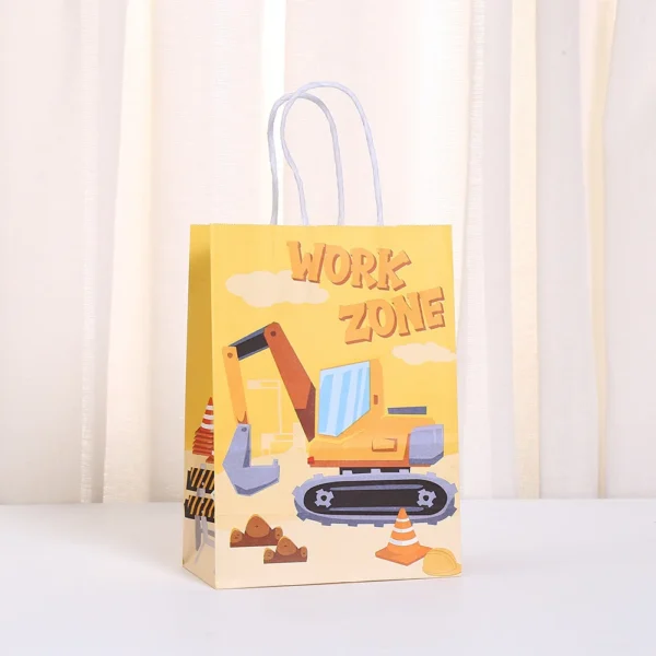 Bolsa de papel para regalos y embalaje con tema de vehículo de ingeniería excavadora, bolsas para galletas y dulces para niños