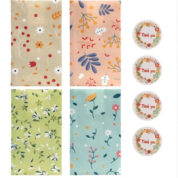 Bolsas de papel de regalo con patrón de plantas para dulces 12/24 Uds., para galletas, panadería, bolsas de embalaje de papel Kraft con pegatinas