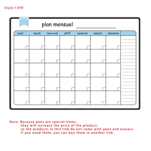 Planificador semanal y mensual magnético tamaño A3, calendario de borrado en seco, pegatina para nevera, español, francés, inglés. Sin bolígrafo