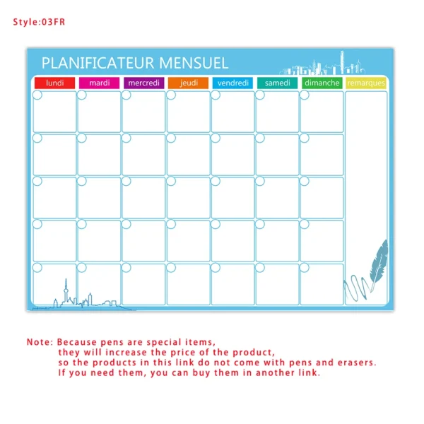 Planificador semanal y mensual magnético tamaño A3, calendario de borrado en seco, pegatina para nevera, español, francés, inglés. Sin bolígrafo