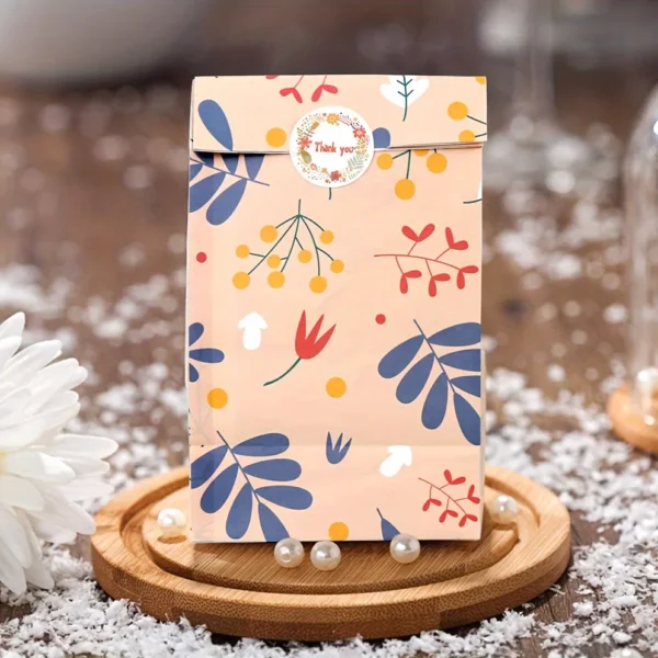 Bolsas de papel de regalo con patrón de plantas para dulces 12/24 Uds., para galletas, panadería, bolsas de embalaje de papel Kraft con pegatinas