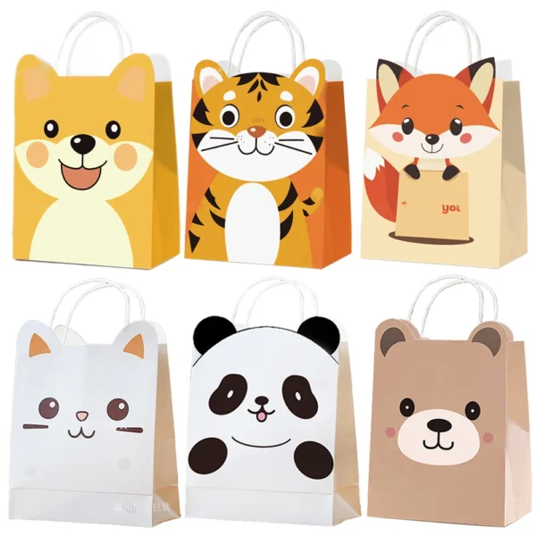 Bolsas de papel de animales de dibujos animados con asa para niños