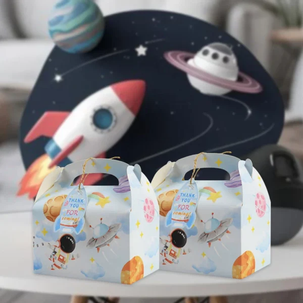 12 Cajas de regalo de cartón para regalo o recuerdo con la temática de astronauta con etiquetas de agradecimiento sin personalizar