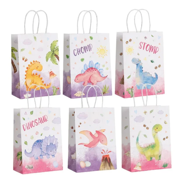 Bolsas de embalaje de regalo de papel con tematica de dibujo de dinosaurios, unisex, 12 Uds.