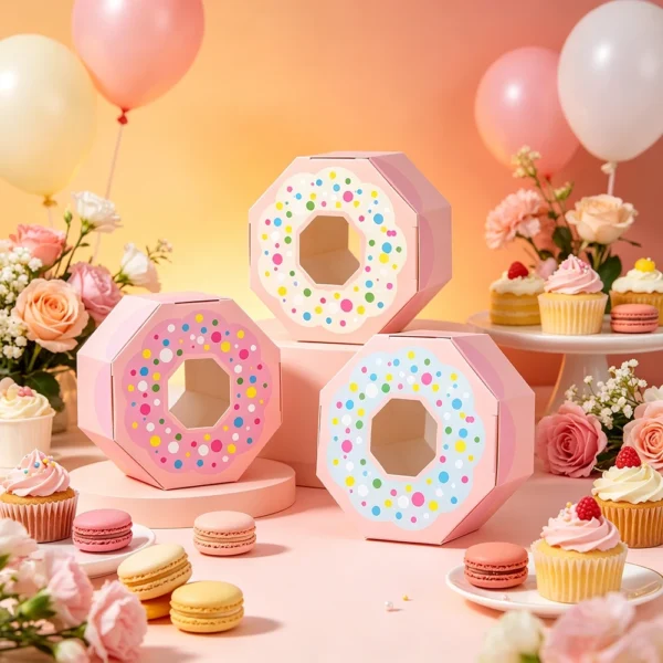 Cajas de cartón con forma de donut de colores, 10 unidades, cajas de papel rosa y azul con ventana para dulces, recuerdos o detalles