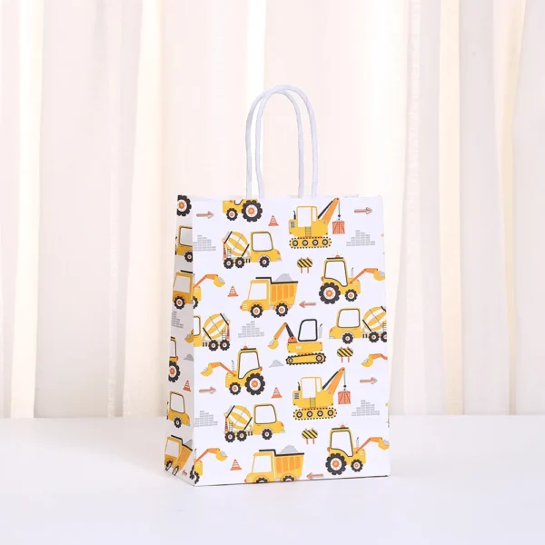 Bolsa de papel para regalos y embalaje con tema de vehículo de ingeniería excavadora, bolsas para galletas y dulces para niños