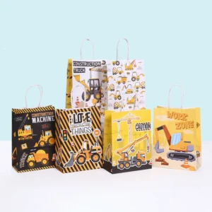 Bolsa de papel para regalos y embalaje con tema de vehículo de ingeniería excavadora, bolsas para galletas y dulces para niños