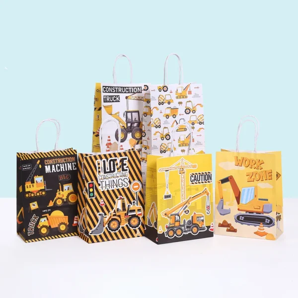 Bolsa de papel para regalos y embalaje con tema de vehículo de ingeniería excavadora, bolsas para galletas y dulces para niños