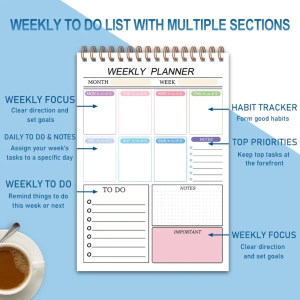 Planificador semanal simple, cuaderno para tu lista de tareas con 52 hojas de en blanco, papel de 8x5,6' de espesor, 120 g sin fecha para que configures en modod flexible