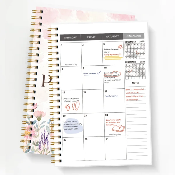 Planificador Académico 2026-2027, Cuaderno con Espiral y diseño de flores en tamaño A5, Calendario Mensual de 24 Meses con Notas, Organizador de tareas y actividades