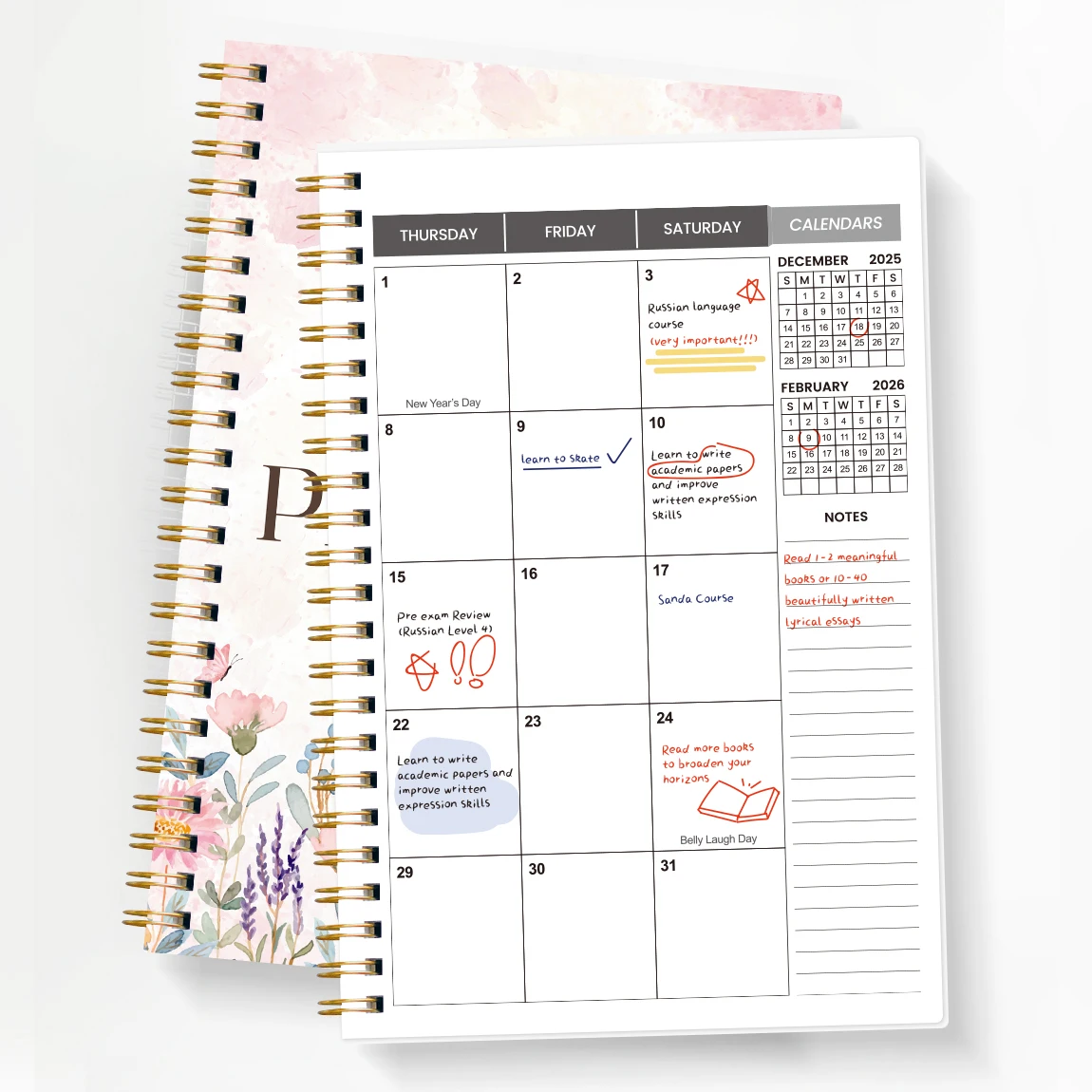 Planificador Académico 2026-2027, Cuaderno con Espiral y diseño de flores en tamaño A5, Calendario Mensual de 24 Meses con Notas, Organizador de tareas y actividades - Imagen 2