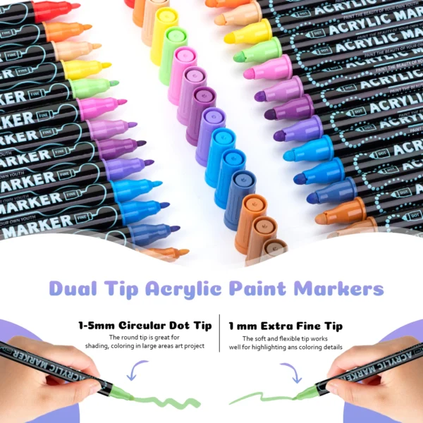 Rotuladores de pintura acrílica de doble punta, 12/24/36/48 colores, para lienzo de madera, pintura de roca, superficies de cerámica de vidrio, manualidades DIY