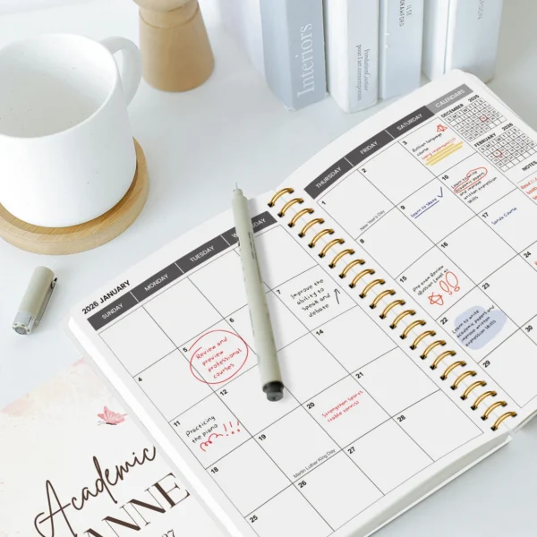 Planificador Académico 2026-2027, Cuaderno con Espiral y diseño de flores en tamaño A5, Calendario Mensual de 24 Meses con Notas, Organizador de tareas y actividades