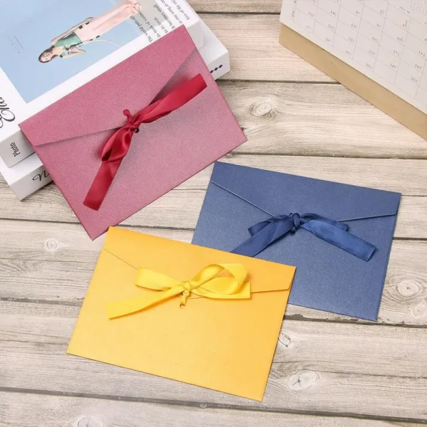 Sobre de papel nacarado con lazo de cinta gruesa, Color creativo, Retro, papelería para regalo, invitaciones, 10 unids