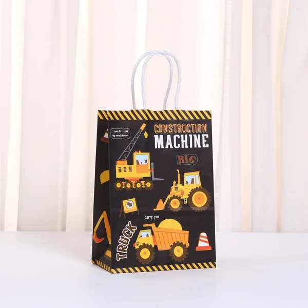Bolsa de papel para regalos y embalaje con tema de vehículo de ingeniería excavadora, bolsas para galletas y dulces para niños