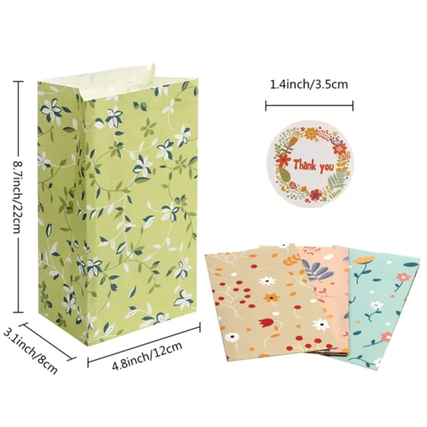 Bolsas de papel de regalo con patrón de plantas para dulces 12/24 Uds., para galletas, panadería, bolsas de embalaje de papel Kraft con pegatinas