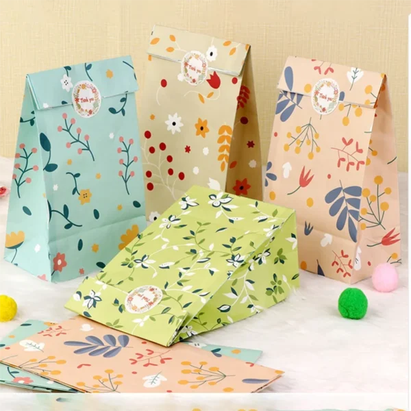 Bolsas de papel de regalo con patrón de plantas para dulces 12/24 Uds., para galletas, panadería, bolsas de embalaje de papel Kraft con pegatinas
