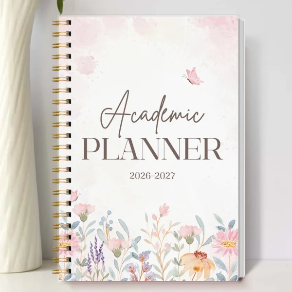 Planificador Académico 2026-2027, Cuaderno con Espiral y diseño de flores en tamaño A5, Calendario Mensual de 24 Meses con Notas, Organizador de tareas y actividades