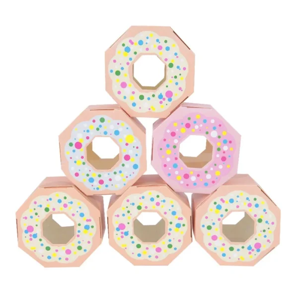 Cajas de cartón con forma de donut de colores, 10 unidades, cajas de papel rosa y azul con ventana para dulces, recuerdos o detalles