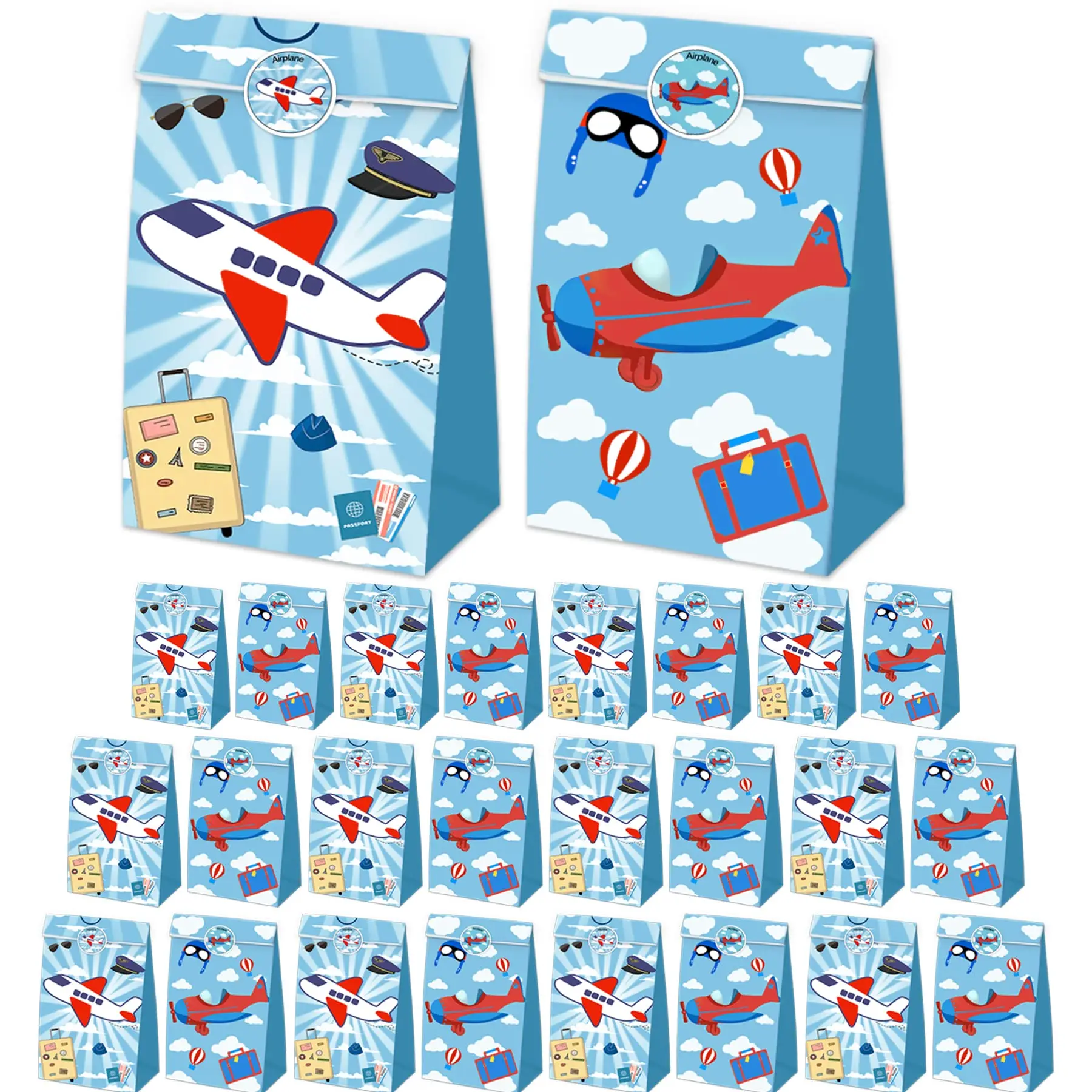 Bolsas de regalo de avión , bolsa de papel Kraft con pegatinas, tematica de aventura de aviador, 12 Uds. - Imagen 2