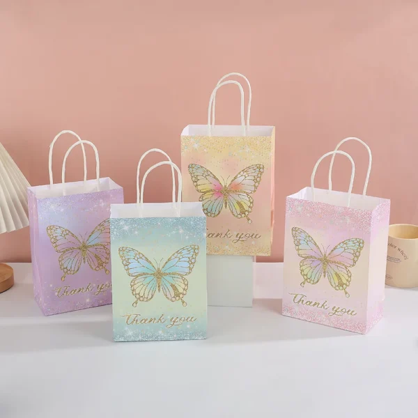 Bolsas de regalo de papel con temática de mariposa, bolsa de papel Kraft con asas para detalles, bodas, Día de la madre, cumpleaños de niñas, baby sohwers y celebraciones