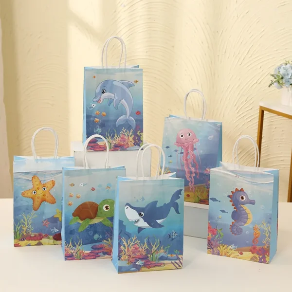 Bolsas de papel de regalo de papel con tematica de océano, de concha de sirena para decoraciones de cumpleaños, para detalles, galletas y dulces 6 uds.