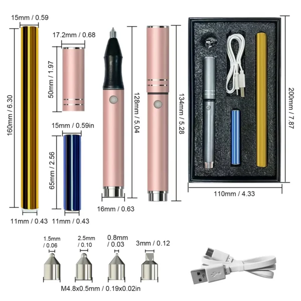Juego de bolígrafos de aluminio, 4 puntas, mango de aleación de aluminio, 2 rollos de papel activados por calor, bolígrafo de espuma recargable USB versátil para álbum de recortes