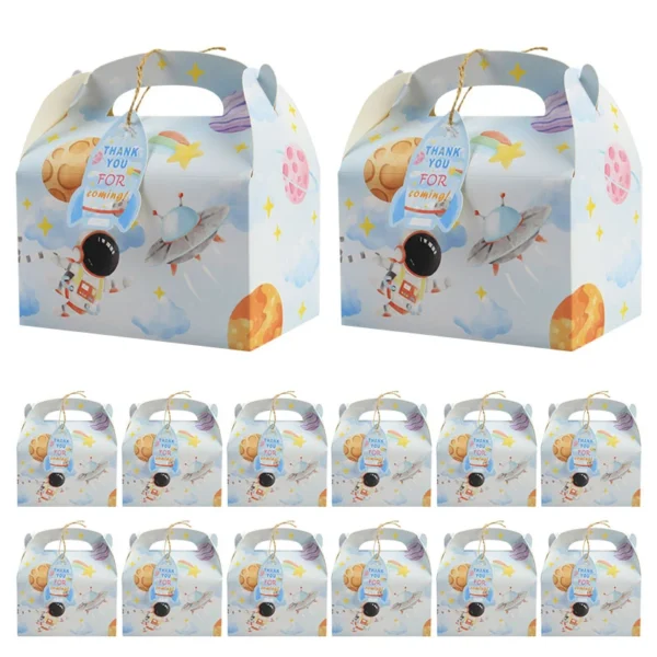 12 Cajas de regalo de cartón para regalo o recuerdo con la temática de astronauta con etiquetas de agradecimiento sin personalizar