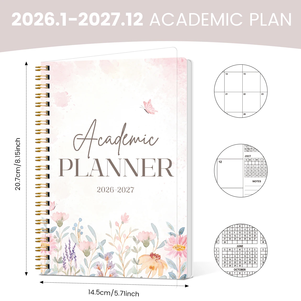 Planificador Académico 2026-2027, Cuaderno con Espiral y diseño de flores en tamaño A5, Calendario Mensual de 24 Meses con Notas, Organizador de tareas y actividades - Imagen 6