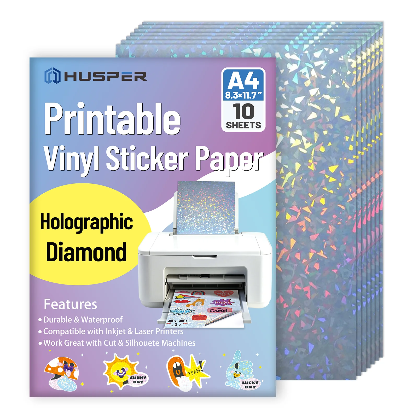 Papel adhesivo de vinilo / Papel de stickers, imprimible con efecto holográfico de diamantes formato A4 (8,3 × 11,7 pulgadas)