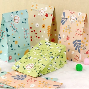 Bolsas de papel de regalo con patrón de plantas para dulces 12/24 Uds., para galletas, panadería, bolsas de embalaje de papel Kraft con pegatinas