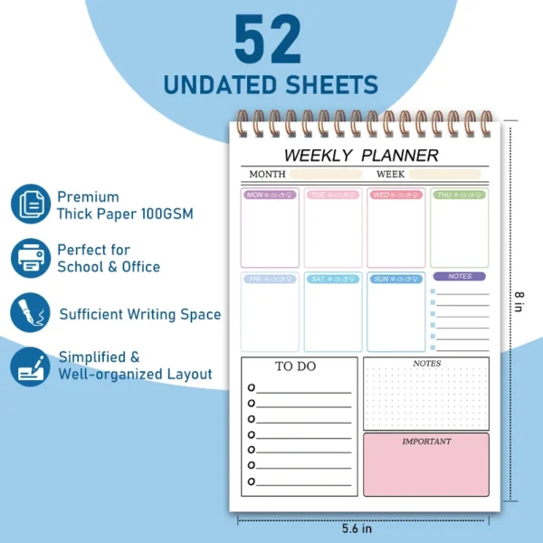 Planificador semanal simple, cuaderno para tu lista de tareas con 52 hojas de en blanco, papel de 8x5,6' de espesor, 120 g sin fecha para que configures en modod flexible
