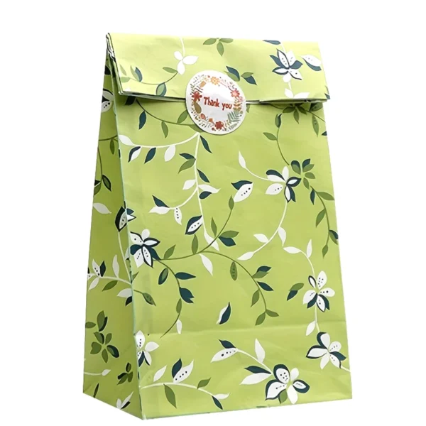 Bolsas de papel de regalo con patrón de plantas para dulces 12/24 Uds., para galletas, panadería, bolsas de embalaje de papel Kraft con pegatinas