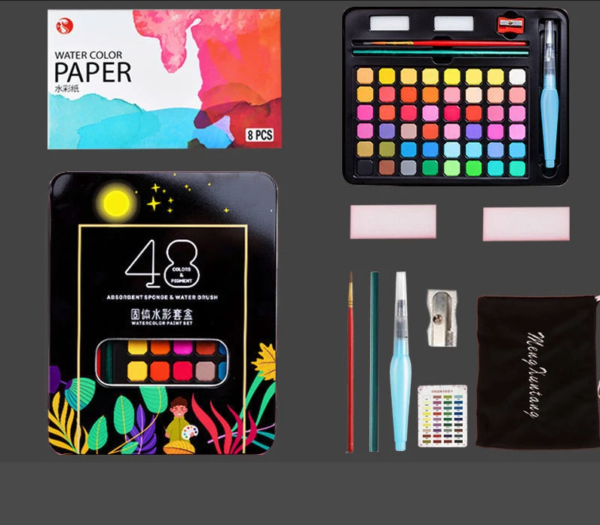 Pinturas de acuarela de 48 colores, con pincel y kit de dibujo de papel, suministros de arte para artistas principiantes