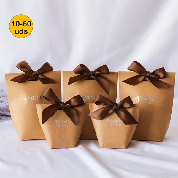 Cajas kraft, color marrón, para regalos, envoltorios, Detalles para invitados, Caja con lazo, 2 medidas,