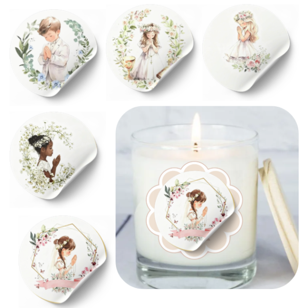 Pegatinas con diseño clásico de acuarela para comunión, Stickers personalizados para detalles