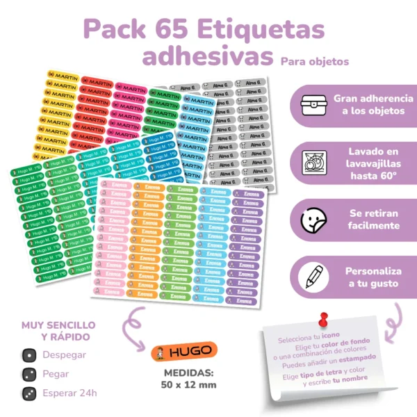 Etiquetas adhesivas personalizadas 50x12 mm (65 uds), para colegio, guardería, uso diario