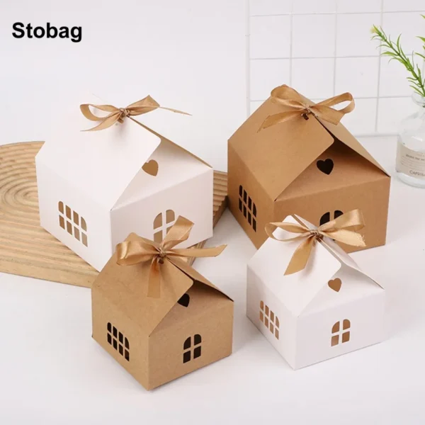 Caja de Papel Kraft Blanca con Forma de Casita Pequeña, 20 Unidades, con Lazo, para Dulces, Galletas, detalles, Recuerdos de Fiesta