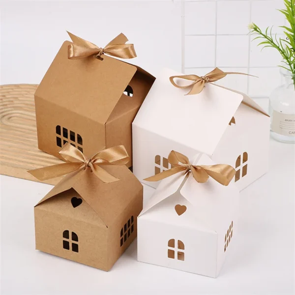 Caja de Papel Kraft Blanca con Forma de Casita Pequeña, 20 Unidades, con Lazo, para Dulces, Galletas, detalles, Recuerdos de Fiesta