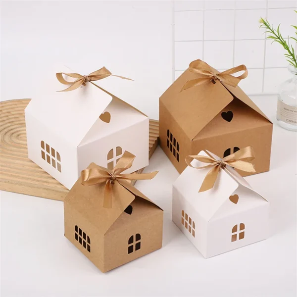 Caja de Papel Kraft Blanca con Forma de Casita Pequeña, 20 Unidades, con Lazo, para Dulces, Galletas, detalles, Recuerdos de Fiesta